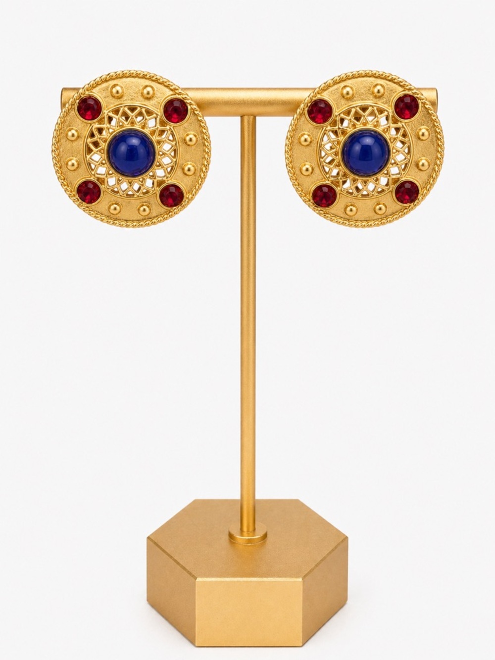 Vintage Style Gold Tone Statement Earrings Red Blue Cabochon Medallion Stud - Picture 3 of 7